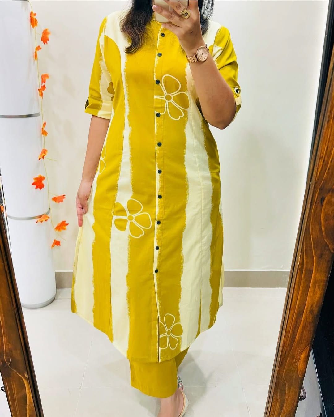 Premium Mustard Floral Print Pure Cotton Co-Ord Set for Women | A-Line Kurti & Palazzo Set