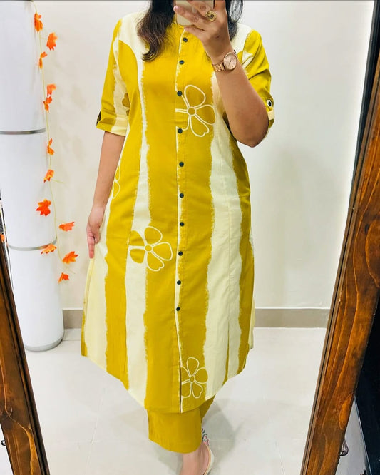 Premium Mustard Floral Print Pure Cotton Co-Ord Set for Women | A-Line Kurti & Palazzo Set