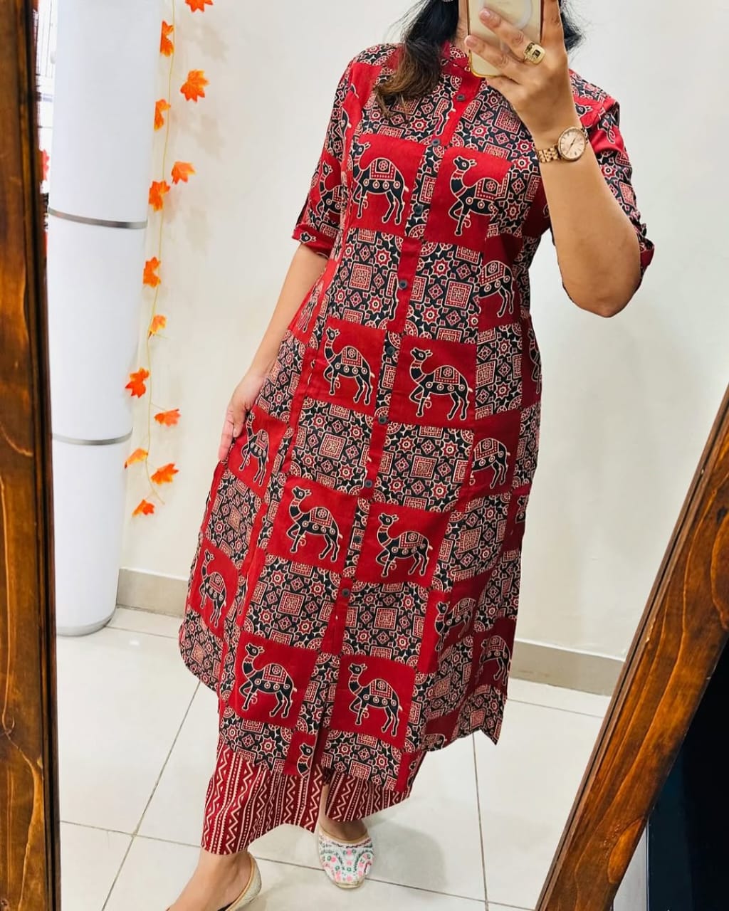 Premium Maroon Ajrakh Print Pure Cotton Co-Ord Set for Women | A-Line Kurti & Palazzo Set