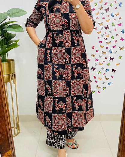 Premium Black Ajrakh Print Pure Cotton Co-Ord Set for Women | A-Line Kurti & Palazzo Set