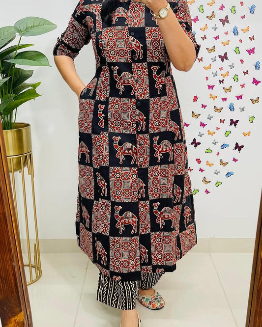 Premium Black Ajrakh Print Pure Cotton Co-Ord Set for Women | A-Line Kurti & Palazzo Set