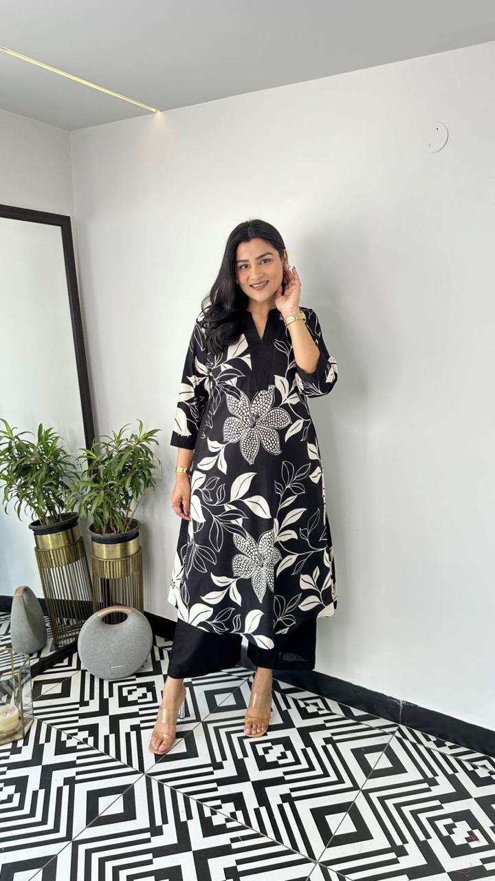 Premium Black Floral Print Pure Cotton Co-Ord Set for Women | A-Line Kurti & Ankle-Length Palazzo