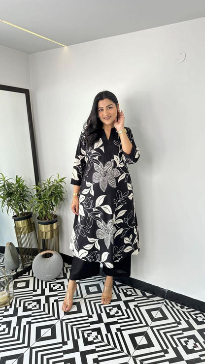 Premium Black Floral Print Pure Cotton Co-Ord Set for Women | A-Line Kurti & Ankle-Length Palazzo