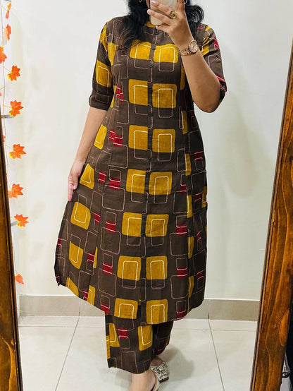 Premium Brown Geometric Print Pure Cotton Co-Ord Set for Women | A-Line Kurti & Palazzo Set