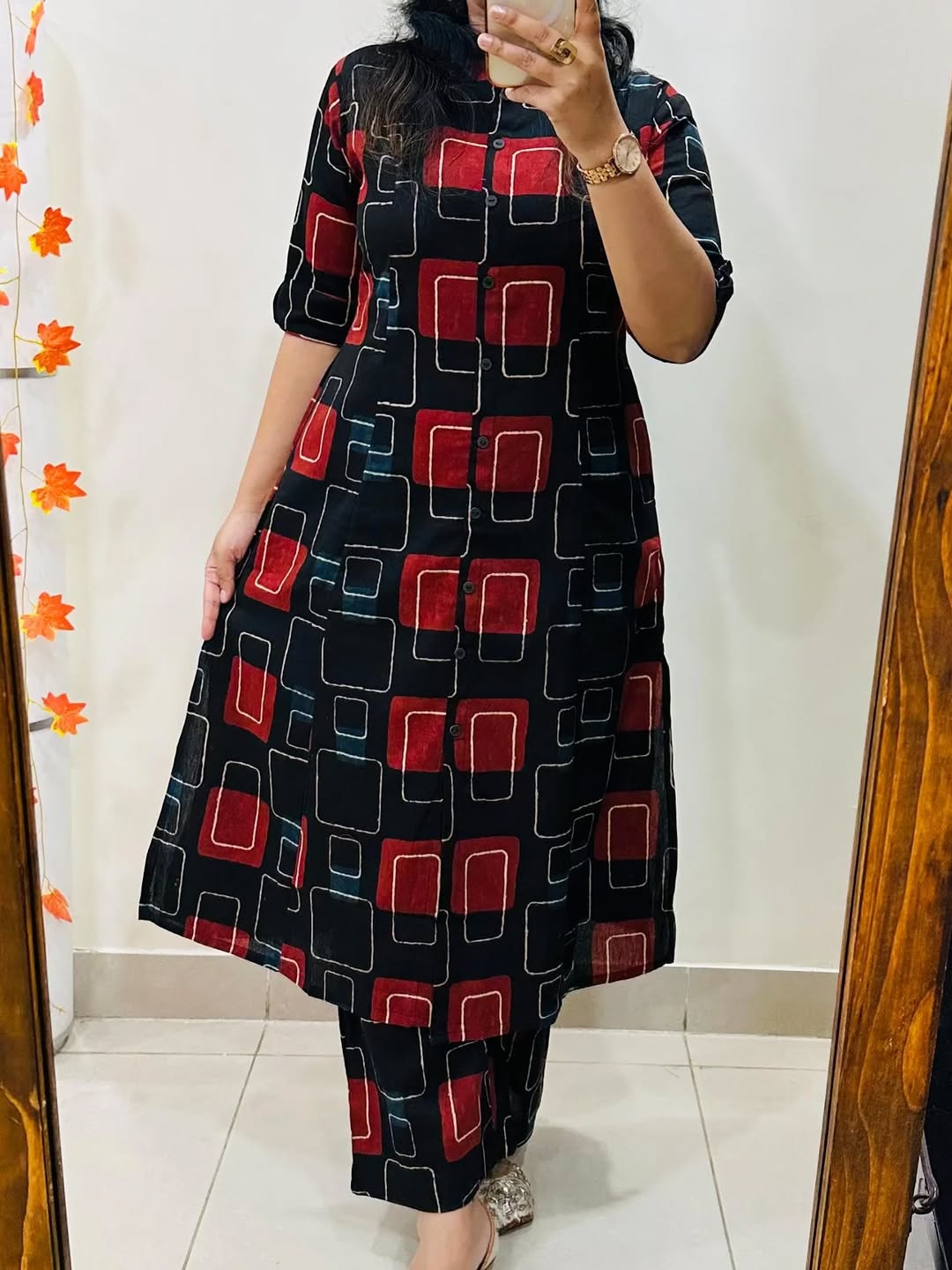 Premium Black & Red Geometric Print Pure Cotton Co-Ord Set for Women | A-Line Kurti & Palazzo Set