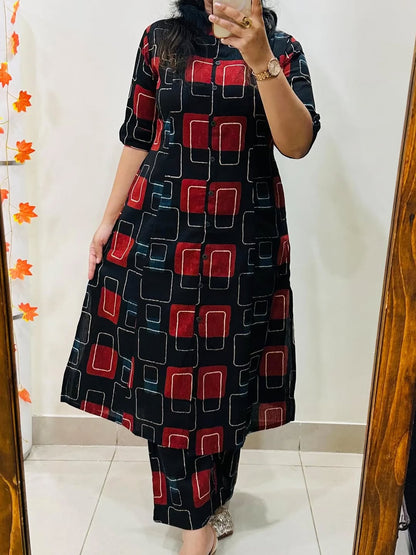 Premium Black & Red Geometric Print Pure Cotton Co-Ord Set for Women | A-Line Kurti & Palazzo Set