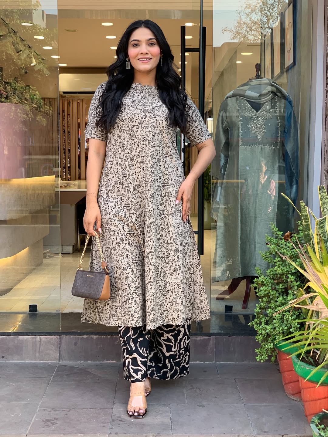 Premium Beige Abstract Print Pure Cotton Co-Ord Set for Women | A-Line Kurti & Palazzo Set