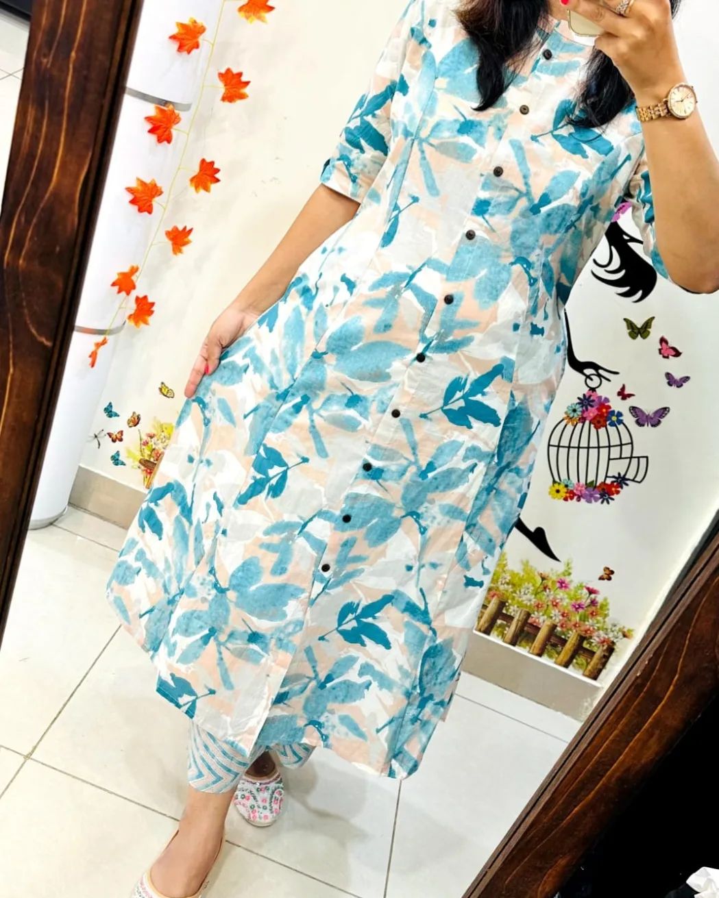 Premium Blue Leaf Print Pure Cotton Co-Ord Set for Women | A-Line Kurti & Palazzo Set