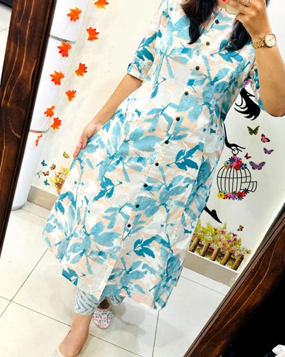 Premium Blue Leaf Print Pure Cotton Co-Ord Set for Women | A-Line Kurti & Palazzo Set