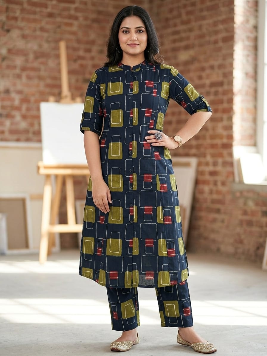 Premium Navy Blue Geometric Print Pure Cotton Co-Ord Set for Women | A-Line Kurti & Palazzo Set