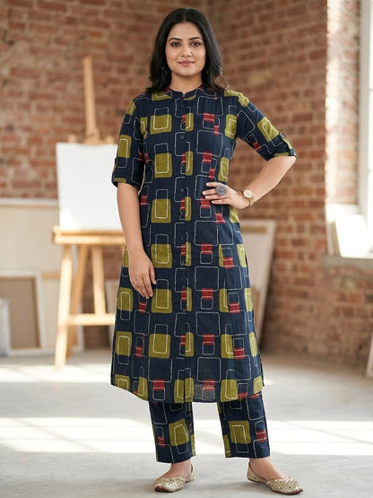 Premium Navy Blue Geometric Print Pure Cotton Co-Ord Set for Women | A-Line Kurti & Palazzo Set