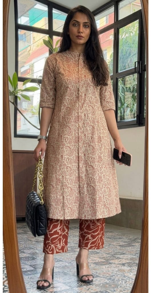 Premium Ivory & Rust Tribal Print Pure Cotton Co-Ord Set for Women | A-Line Kurti & Palazzo Set