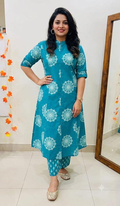 Premium Teal Mandala Print Pure Cotton Co-Ord Set for Women | A-Line Kurti & Palazzo Set