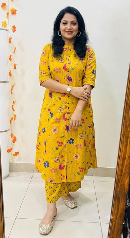 Premium Mustard Floral Print Pure Cotton Co-Ord Set for Women | A-Line Kurti & Palazzo Set