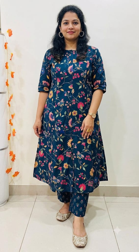 Premium Navy Blue Floral Print Pure Cotton Co-Ord Set for Women | A-Line Kurti & Palazzo Set