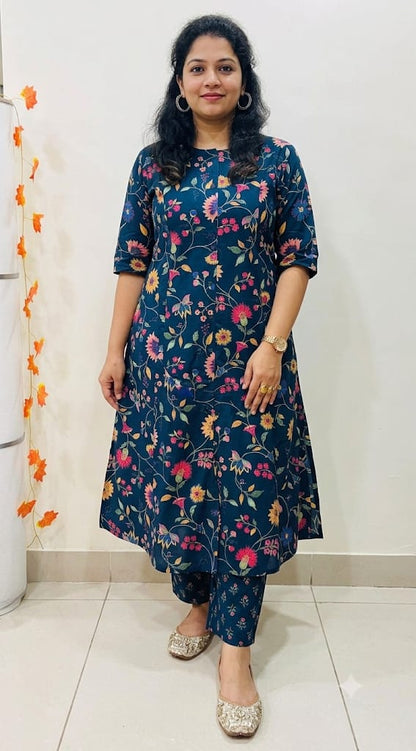 Premium Navy Blue Floral Print Pure Cotton Co-Ord Set for Women | A-Line Kurti & Palazzo Set
