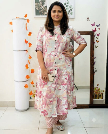 Premium Pink Floral Print Pure Cotton Co-Ord Set for Women | A-Line Kurti & Palazzo Set