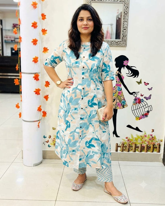 Premium Blue Leaf Print Pure Cotton Co-Ord Set for Women | A-Line Kurti & Palazzo Set