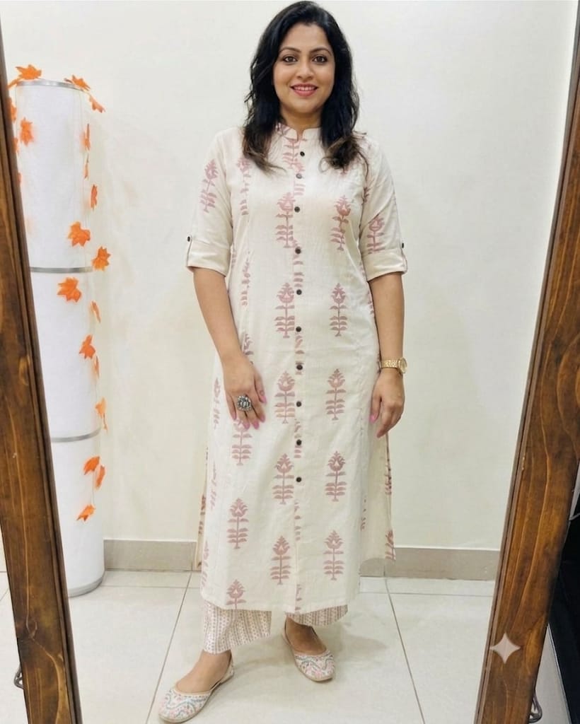 Premium Cream & Grey Block Print Pure Cotton Co-Ord Set for Women | A-Line Kurti & Palazzo Set