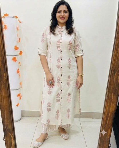 Premium Cream & Grey Block Print Pure Cotton Co-Ord Set for Women | A-Line Kurti & Palazzo Set
