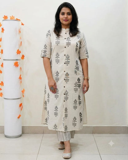 Premium Cream & Grey Block Print Pure Cotton Co-Ord Set for Women | A-Line Kurti & Palazzo Set