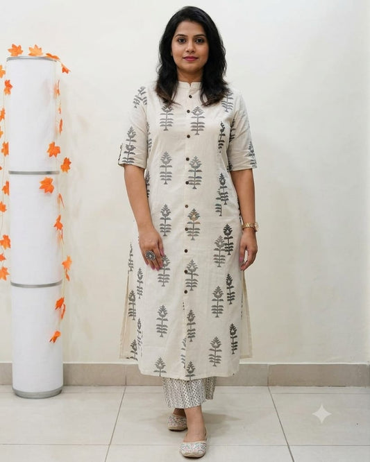 Premium Cream & Grey Block Print Pure Cotton Co-Ord Set for Women | A-Line Kurti & Palazzo Set