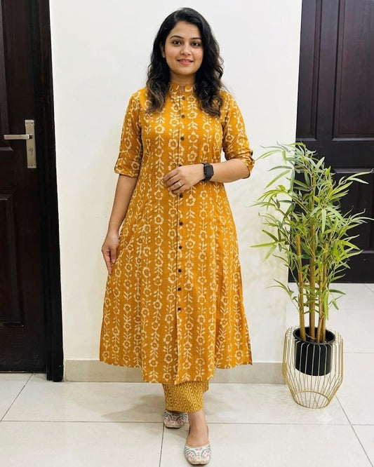 Premium Mustard Floral Print Pure Cotton Co-Ord Set for Women | A-Line Kurti & Palazzo Set