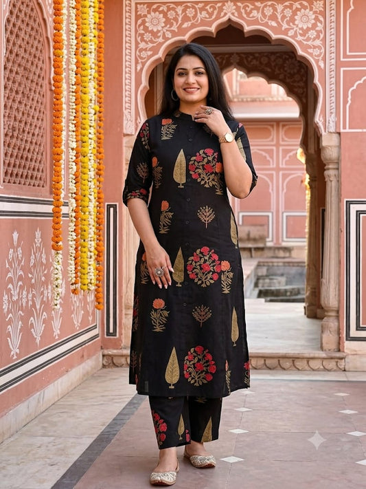 Premium Black Floral Print Pure Cotton Co-Ord Set for Women | A-Line Kurti & Ankle-Length Palazzo