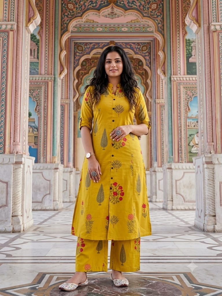 Premium Mustard Yellow Floral Print Pure Cotton Co-Ord Set for Women | A-Line Kurti & Ankle-Length Palazzo
