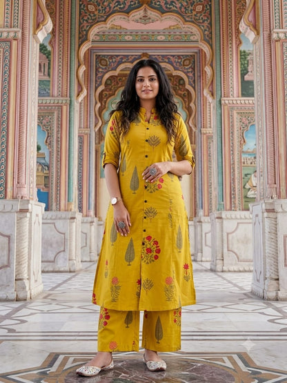 Premium Mustard Yellow Floral Print Pure Cotton Co-Ord Set for Women | A-Line Kurti & Ankle-Length Palazzo