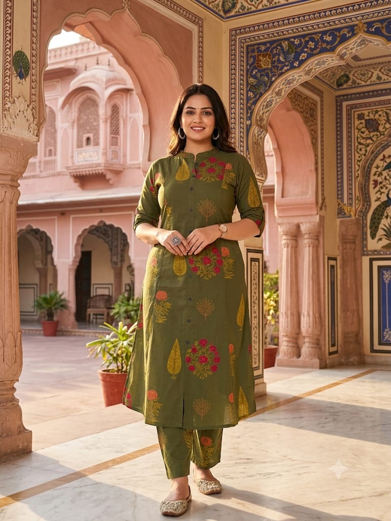 Premium Olive Green Floral Print Pure Cotton Co-Ord Set for Women | A-Line Kurti & Ankle-Length Palazzo