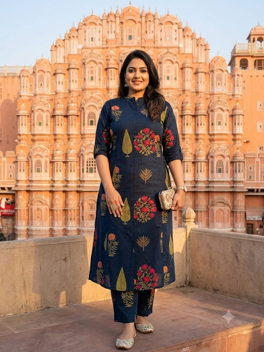 Premium Navy Blue Floral Print Pure Cotton Co-Ord Set for Women | A-Line Kurti & Ankle-Length Palazzo