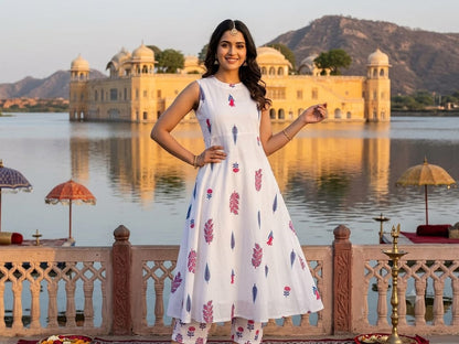 Premium Off White Botanical Print Pure Cotton Sleeveless Co-Ord Set for Women | A-Line Kurti & Ankle-Length Palazzo