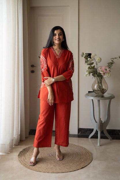 Women’s Premium Cotton 60/60 Embroidered Co-ord Set | Floral Embroidered Straight Kurti & Pant Set