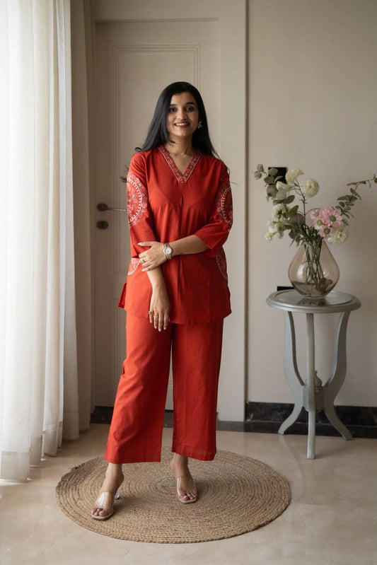 Women’s Premium Cotton 60/60 Embroidered Co-ord Set | Floral Embroidered Straight Kurti & Pant Set