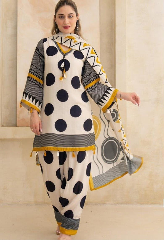 Women’s Cotton 60/60 Printed Kurta Pant Dupatta Set | Front Dori with Heavy Tassel Detailing