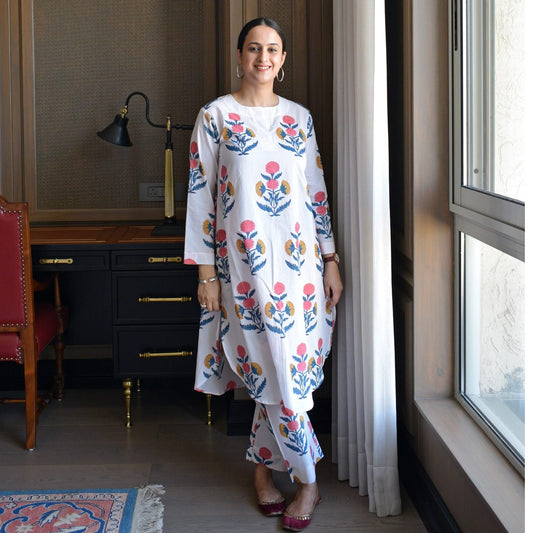Women’s Pure Taj Cotton Hand Block Sanganeri Print Kurti Plazo Set | Summer Ethnic 2-Piece Set