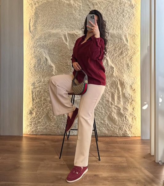Women’s Premium Cotton 60/60 Shirt & Cotton Flex Pant Set | Stylish Maroon Shirt with Cream Pant