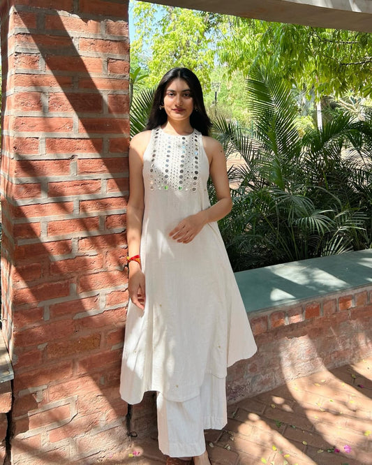 Premium Cotton Flex Sleeveless Kurta Palazzo Set with Heavy Mirror Work