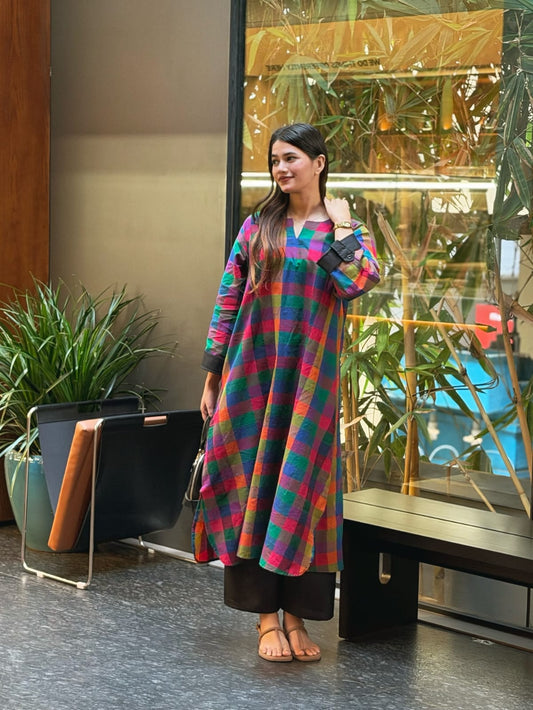 Premium Mul Cotton Madrasi Checks A-Line Kurti with Cotton Palazzo Set