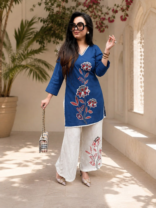 Women’s Premium Cotton Slub Embroidered Co-ord Set | Floral Kurti & Pant with Tassel Detailing