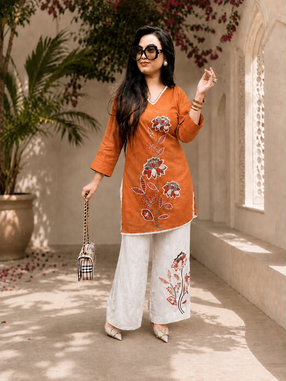 Women’s Premium Cotton Slub Embroidered Co-ord Set | Floral Kurti & Pant with Tassel Detailing