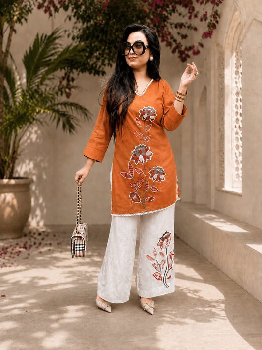 Women’s Premium Cotton Slub Embroidered Co-ord Set | Floral Kurti & Pant with Tassel Detailing