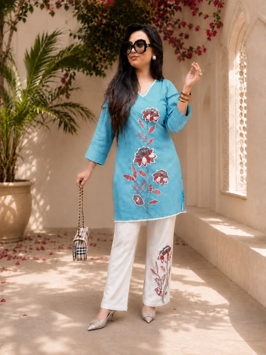 Women’s Premium Cotton Slub Embroidered Co-ord Set | Floral Kurti & Pant with Tassel Detailing