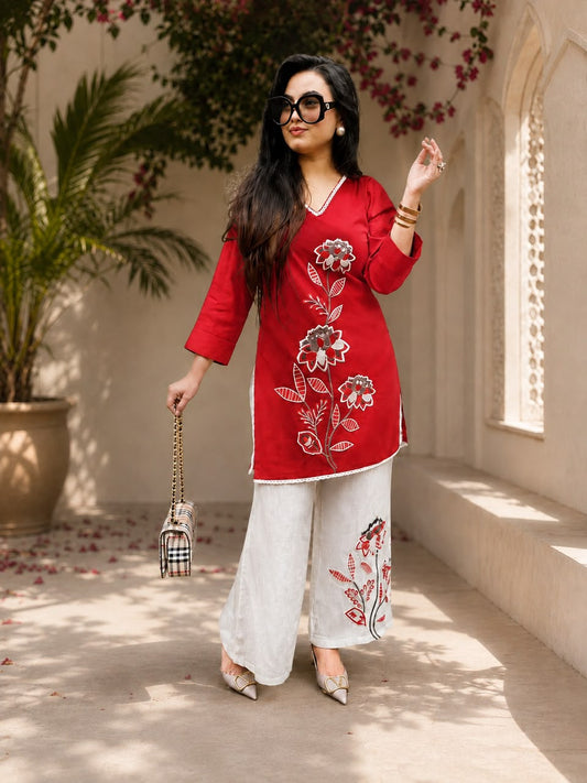 Women’s Premium Cotton Slub Embroidered Co-ord Set | Floral Kurti & Pant with Tassel Detailing
