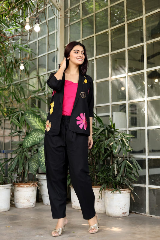 Premium Cotton Flex Embroidered Floral Blazer Co-ord Set – 3 Piece