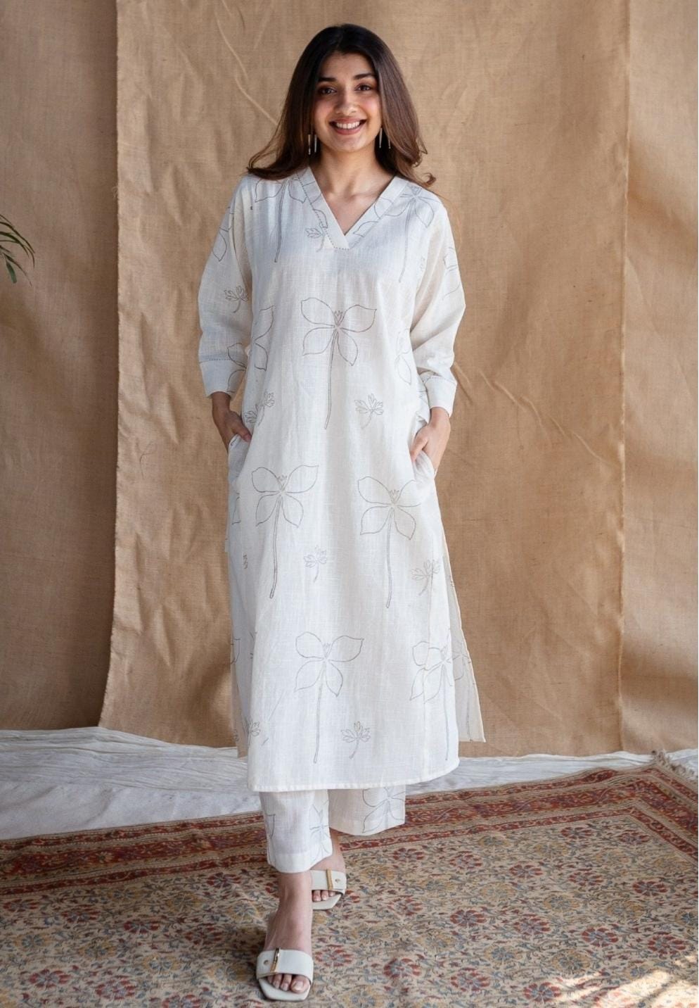 Premium Pure Cotton Self-Print Kurti with Palazzo Set – Elegant Summer Collection