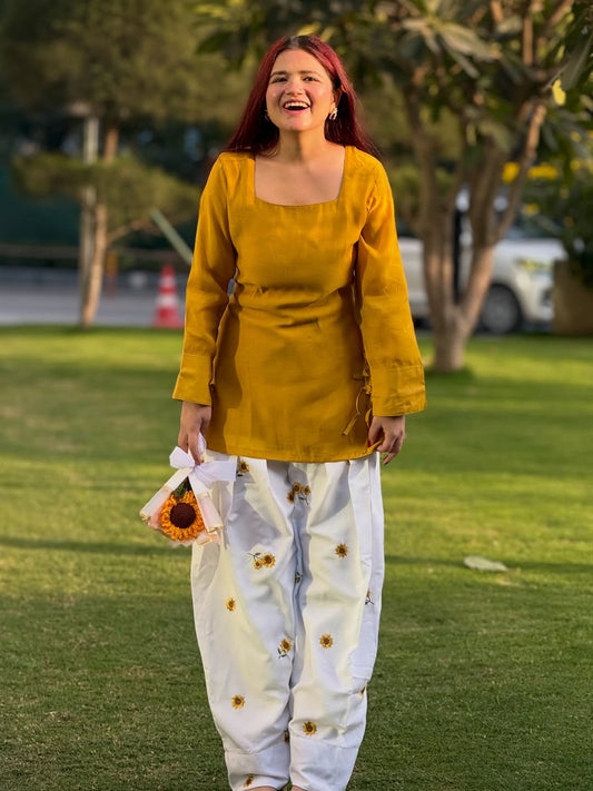 Women’s Mustard Yellow & Off-White Cotton Farshi Salwar Set | Sunflower Embroidered Kurti with Dori Detailing