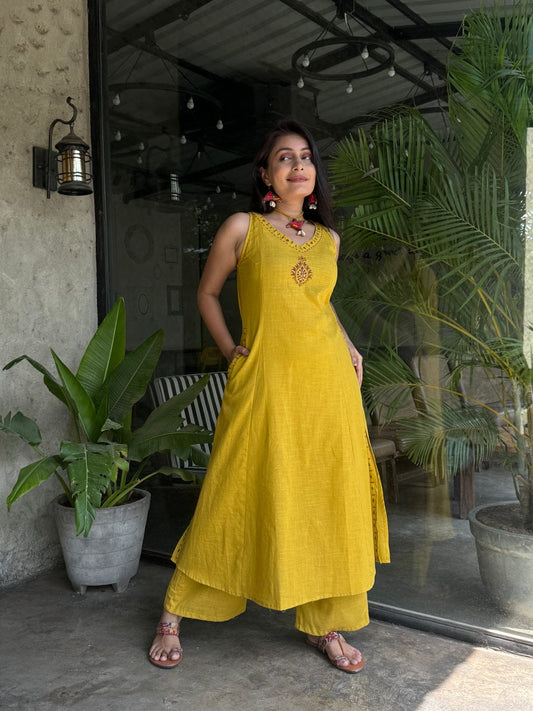 Women’s Premium Cotton Slub Embroidered Co-ord Set | Floral Yoke & Border Work with Pockets