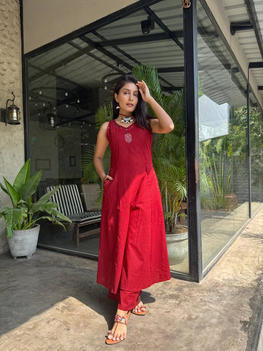 Women’s Premium Cotton Slub Embroidered Co-ord Set | Floral Yoke & Border Work with Pockets | Kurti Palazzo Set